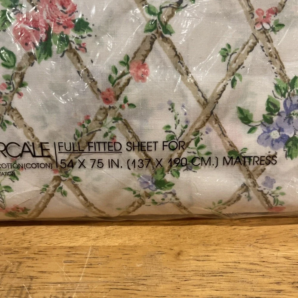 Martex Full‎ Fitted Sheet NOS Vintage Sealed Mod Floral Roses Trellises